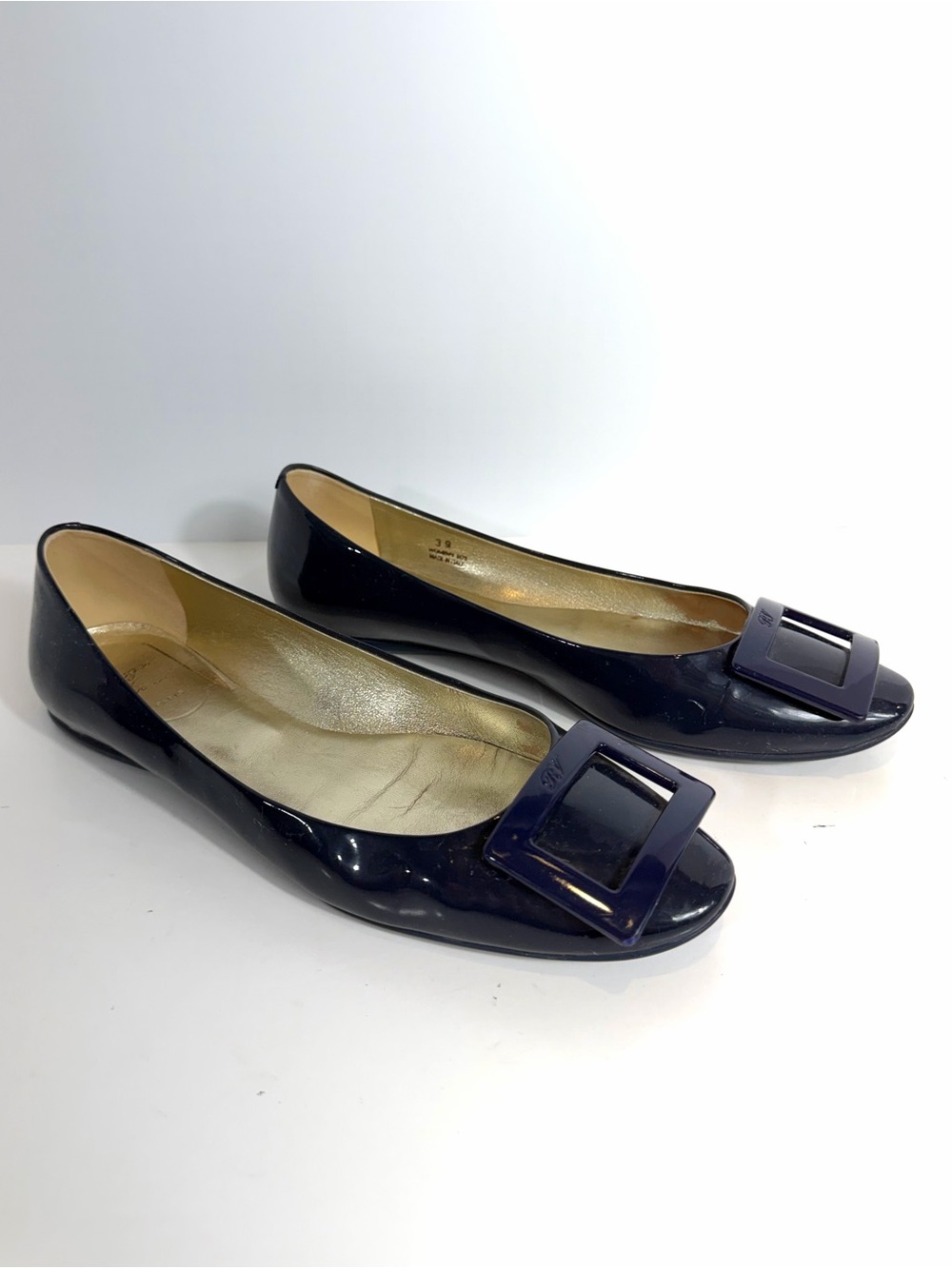 Roger Vivier Paris Navy Patent Leather Belle Buckle Ballet Flats Shoes 39 Italy